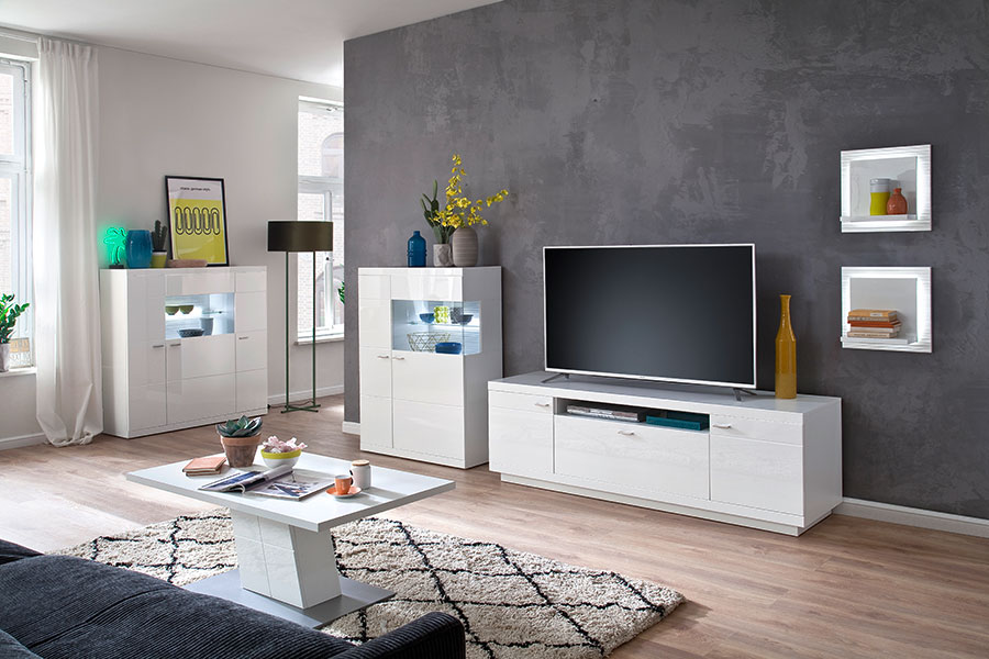 mobilier de salon, séjour blanc laqué brillant
